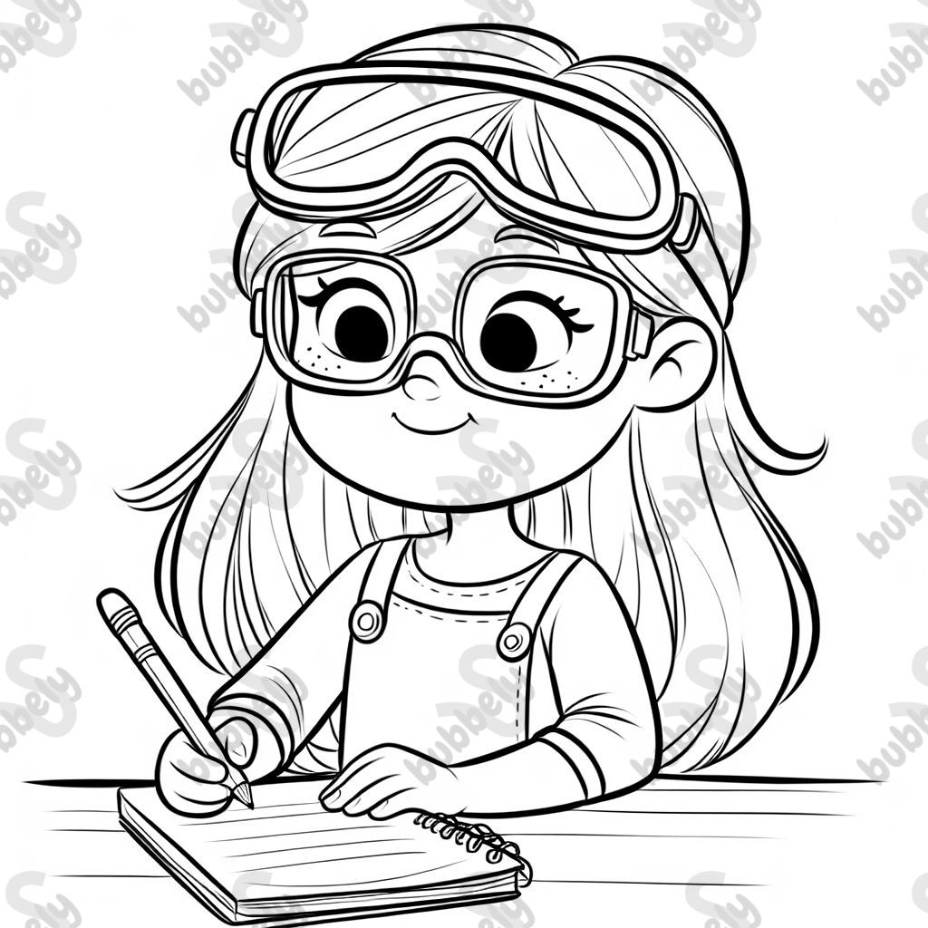 a girl with long straight blond hair has safety goggles on her hear and is writing in a notebook. She is wearing a simple long sleeved dress a girl with long straight blond hair has safety goggles on her hear and is writing in a notebook. She is wearing a simple long sleeved dress