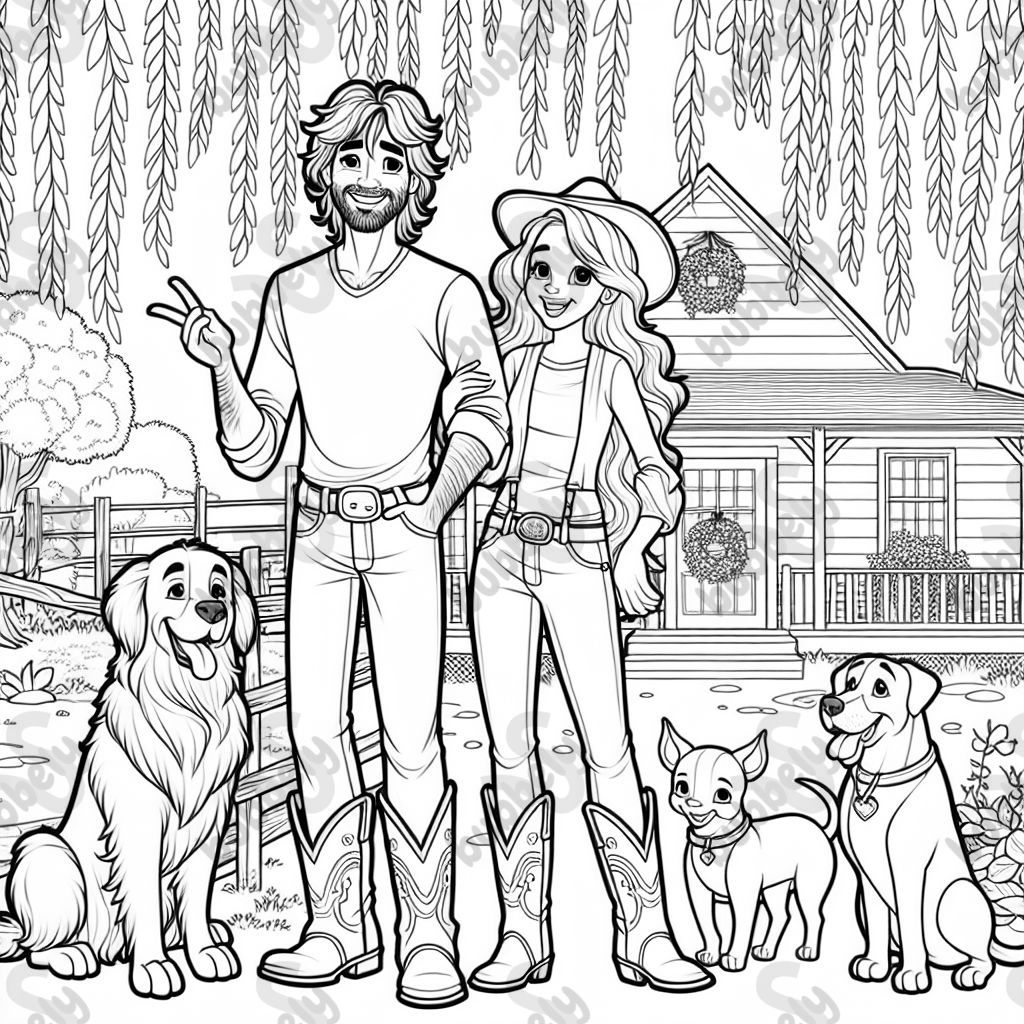A man with shaggy brown curly hair, with scruff for facial hair, wearing a plain t-shirt with jeans and cowboy boots under the jeans with a hat on. A woman with long red brown hair wearing a light pink sweater with bell bottom jeans and cowboy boots under the bell bottom jeans. With a big golden retriever dog and a big cane corso dog. Standing outside under a weeping willow tree in front of a house. A man with shaggy brown curly hair, with scruff for facial hair, wearing a plain t-shirt with jeans and cowboy boots under the jeans with a hat on. A woman with long red brown hair wearing a light pink sweater with bell bottom jeans and cowboy boots under the bell bottom jeans. With a big golden retriever dog and a big cane corso dog. Standing outside under a weeping willow tree in front of a house.