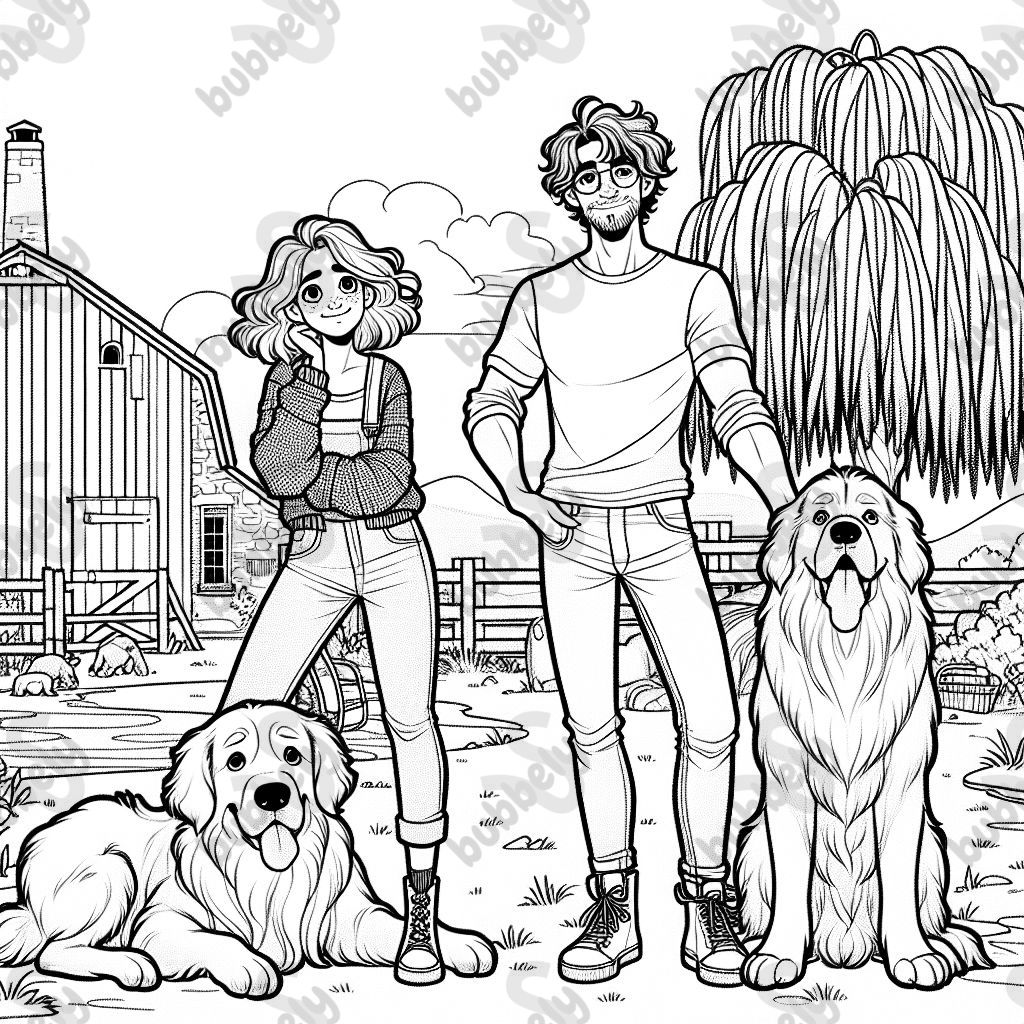 A man with brown curly hair, wearing a t-shirt and jeans, a woman with medium short red brown hair wearing a sweater and shorts with sneakers on, a big golden retriever dog and a big cane corso dog, standing outside under a weeping willow tree, in front of a barn. A man with brown curly hair, wearing a t-shirt and jeans, a woman with medium short red brown hair wearing a sweater and shorts with sneakers on, a big golden retriever dog and a big cane corso dog, standing outside under a weeping willow tree, in front of a barn.