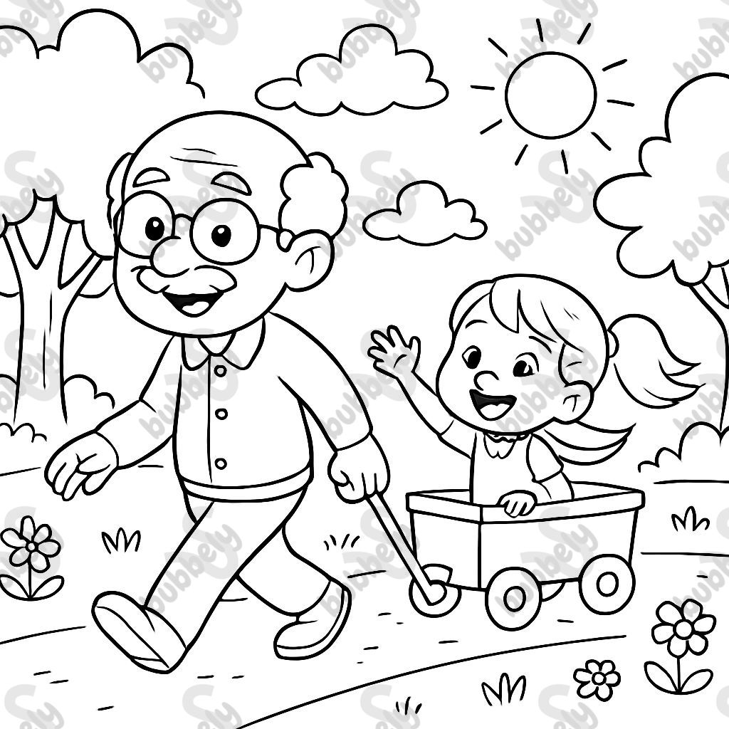 grandfather pulling little girl in wagon grandfather pulling little girl in wagon