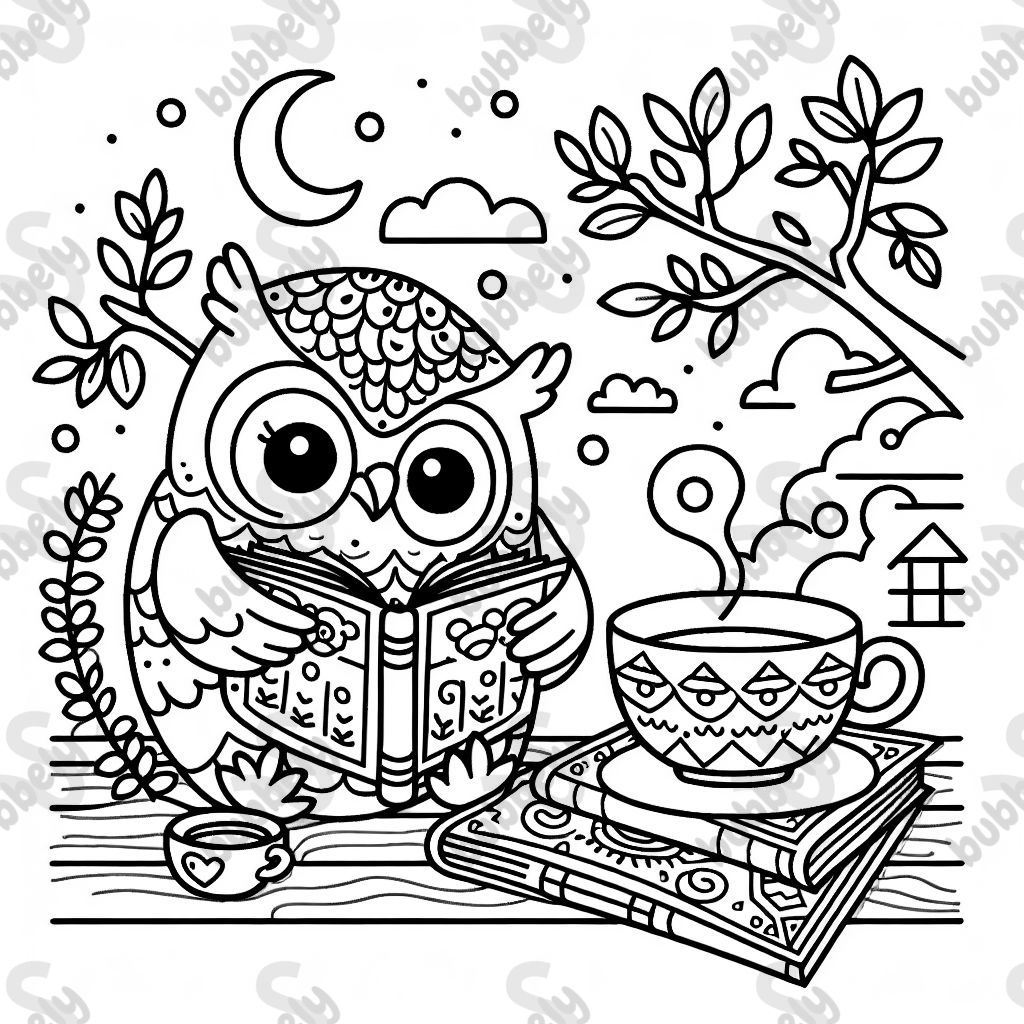 An owl drinking tea and reading a book. An owl drinking tea and reading a book.
