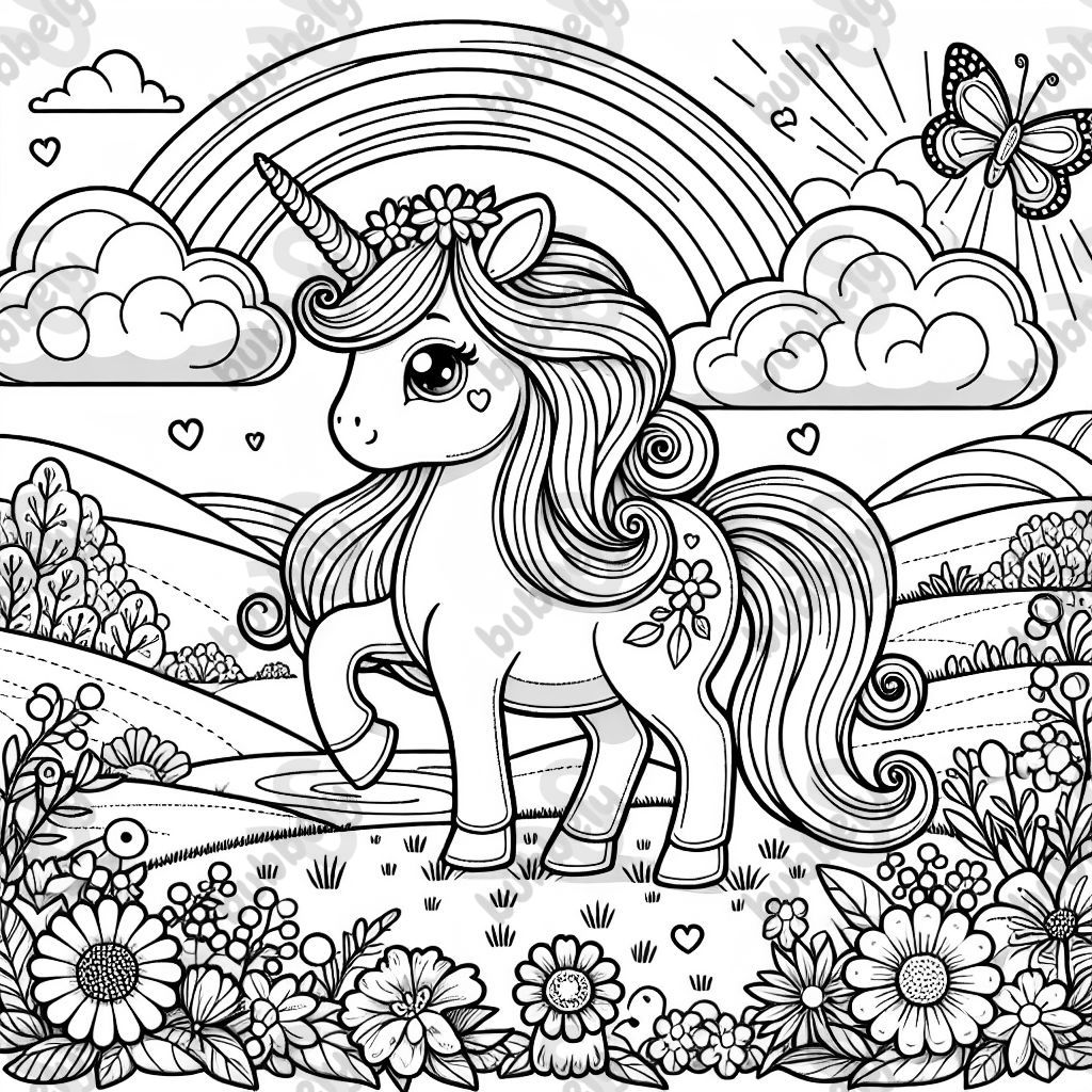 A majestic, yet cute, unicorn with a flowing mane and tail, standing in a beautiful meadow filled with flowers and butterflies. The unicorn has a peaceful expression and a small rainbow above its head. There’s a gentle stream flowing nearby, and the background includes rolling hills and fluffy clouds in the sky A majestic, yet cute, unicorn with a flowing mane and tail, standing in a beautiful meadow filled with flowers and butterflies. The unicorn has a peaceful expression and a small rainbow above its head. There’s a gentle stream flowing nearby, and the background includes rolling hills and fluffy clouds in the sky
