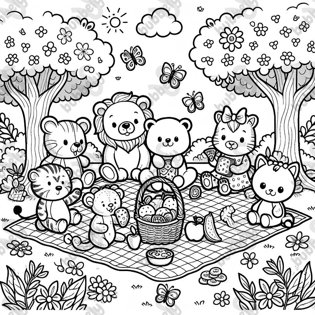 animals are sitting around a checkered blanket with a basket of fruits, sandwiches, and cookies. The scene includes trees with leaves, flowers, and butterflies fluttering around. Each animal has a cute expression, and the setting is cheerful and inviting animals are sitting around a checkered blanket with a basket of fruits, sandwiches, and cookies. The scene includes trees with leaves, flowers, and butterflies fluttering around. Each animal has a cute expression, and the setting is cheerful and inviting