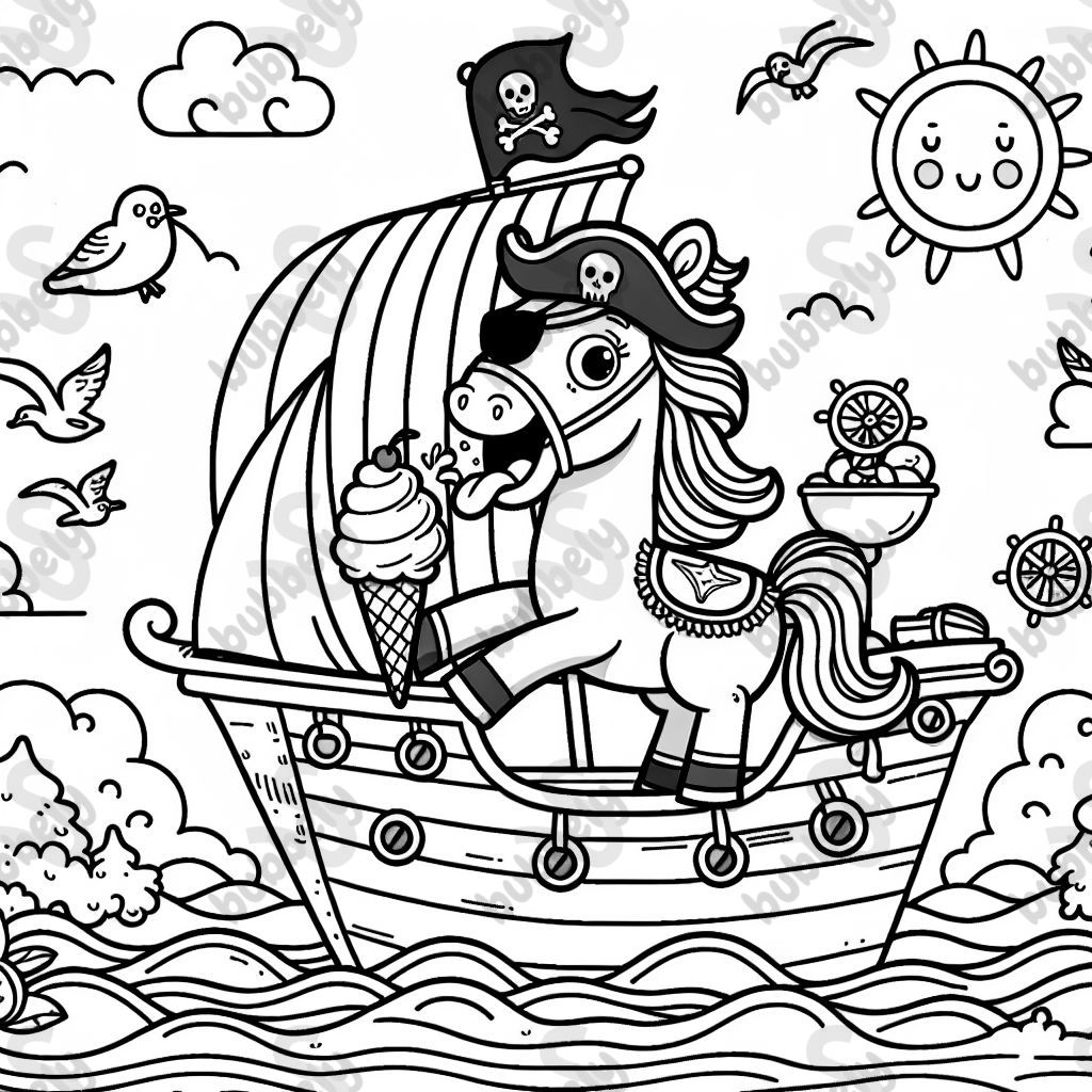 a horse that sails as a captain on a pirate ship while licking an ice cream a horse that sails as a captain on a pirate ship while licking an ice cream