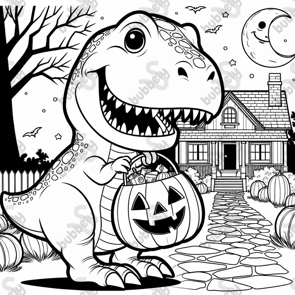 Un T-Rex à Halloween qui va chercher des friandises en portant un sac en forme de citrouille. Un T-Rex à Halloween qui va chercher des friandises en portant un sac en forme de citrouille.