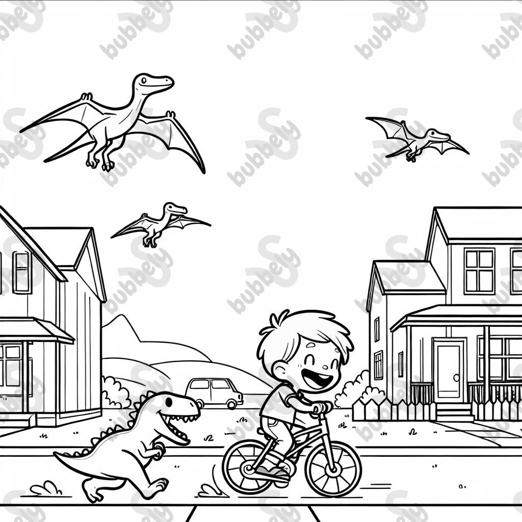 A little blonde boy riding his bike on a street with houses, being chased by pterodactyls. A little blonde boy riding his bike on a street with houses, being chased by pterodactyls.