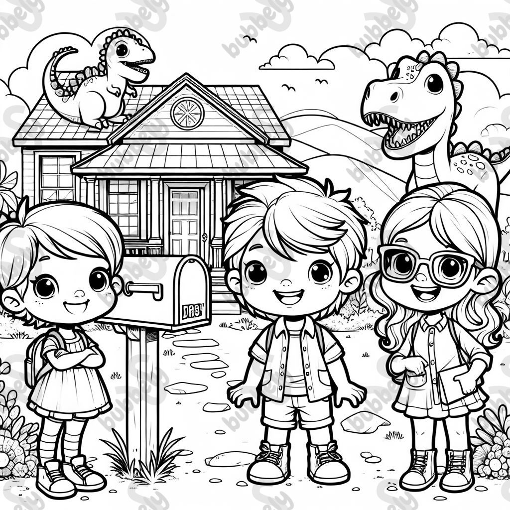 Un niño rubio pequeño y una niña rubia un poco mayor, y una mamá con cabello largo y gafas, frente a una casa con un buzón. También hay dinosaurios alrededor de la casa y en el cielo. Un niño rubio pequeño y una niña rubia un poco mayor, y una mamá con cabello largo y gafas, frente a una casa con un buzón. También hay dinosaurios alrededor de la casa y en el cielo.