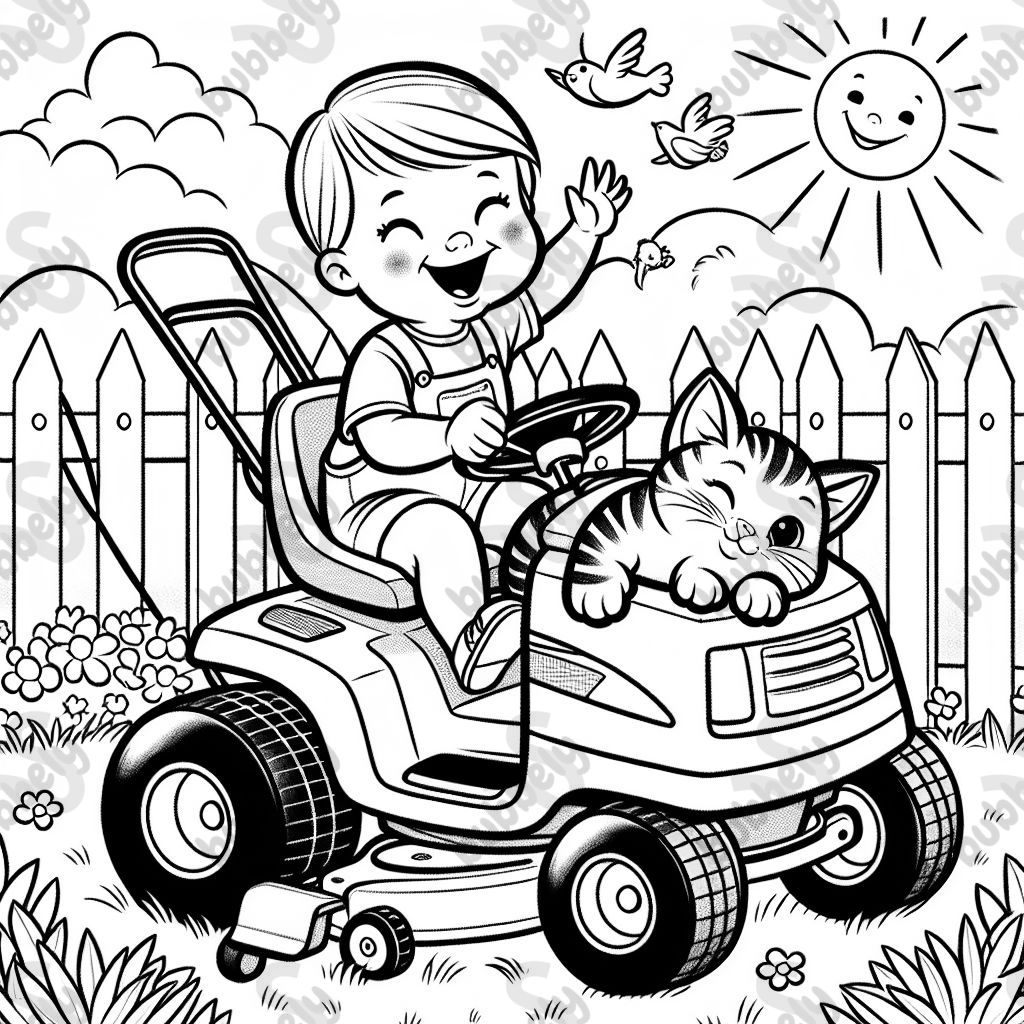 Un tout-petit sur une tondeuse à gazon avec un chat rayé sur le capot Un tout-petit sur une tondeuse à gazon avec un chat rayé sur le capot