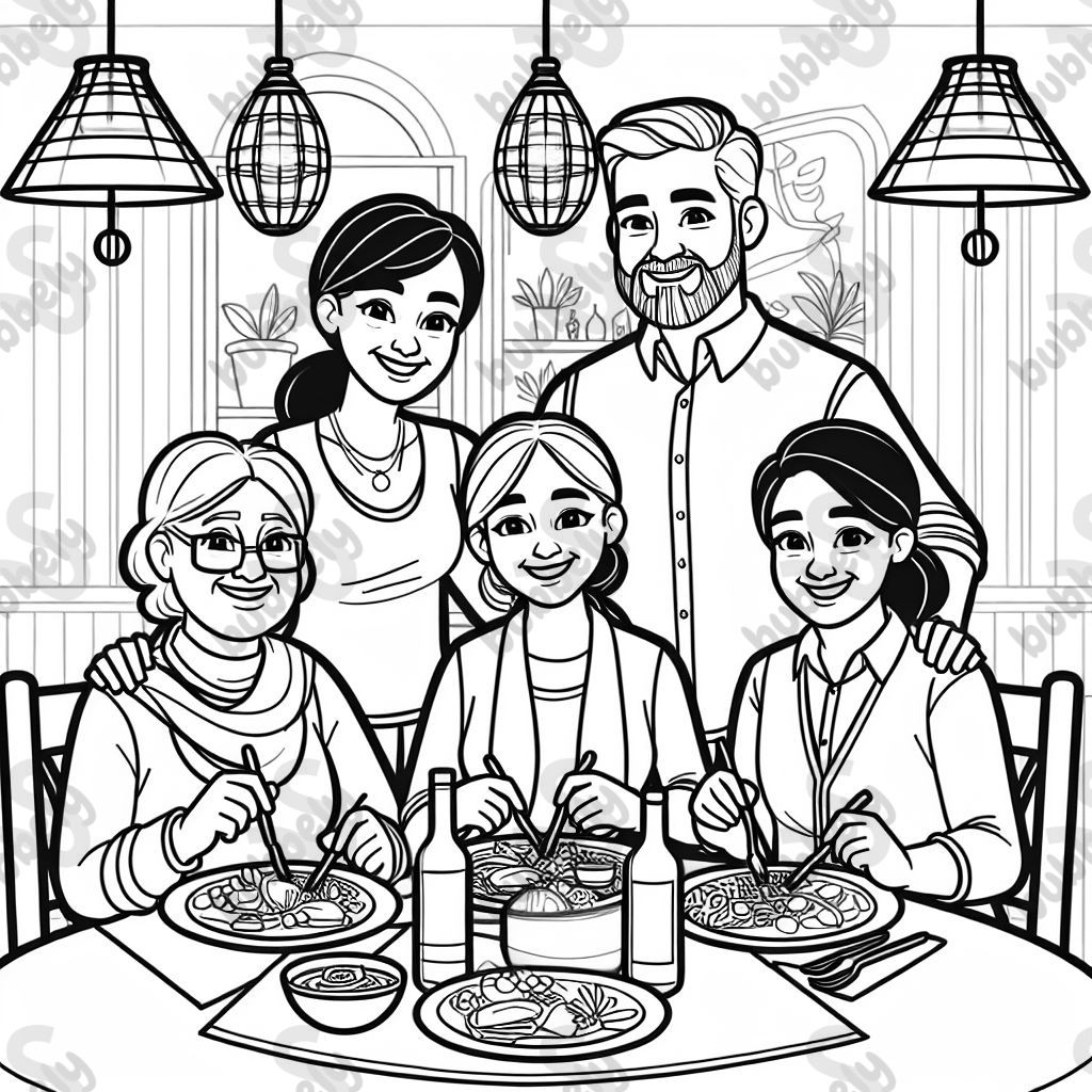 Une femme âgée aux cheveux foncés, un homme sans cheveux et avec une barbe, une jeune femme aux cheveux foncés et un jeune homme avec une barbe mangeant à une table de restaurant. Une femme âgée aux cheveux foncés, un homme sans cheveux et avec une barbe, une jeune femme aux cheveux foncés et un jeune homme avec une barbe mangeant à une table de restaurant.