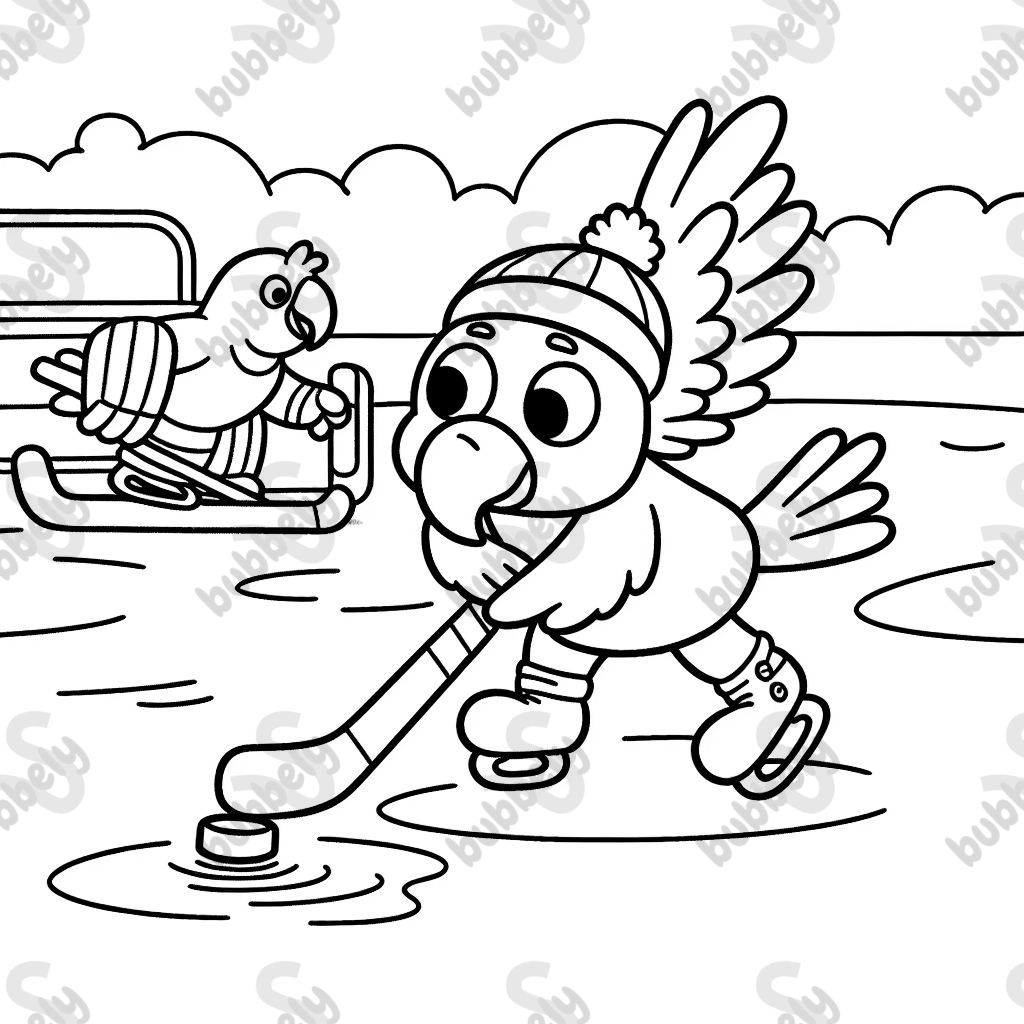 Un loro colorido jugando al hockey sobre hielo en un lago congelado. Un loro colorido jugando al hockey sobre hielo en un lago congelado.