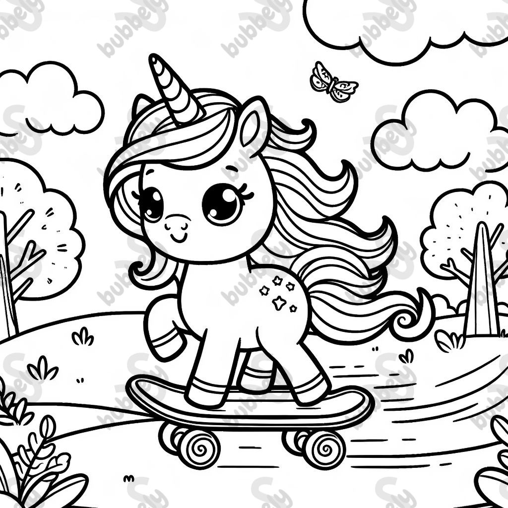Une licorne sur un skateboard, parfaite pour les enfants à colorier. Une licorne sur un skateboard, parfaite pour les enfants à colorier.