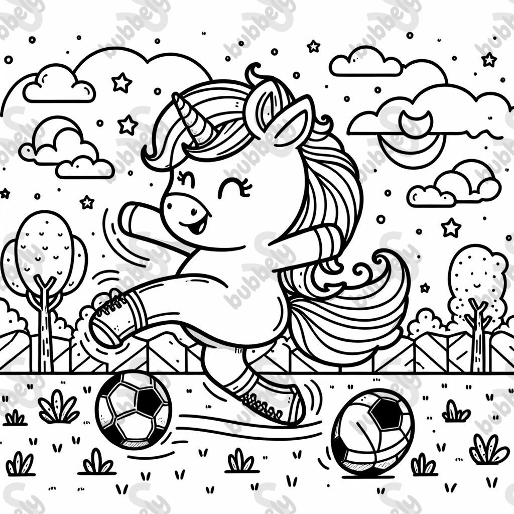 Un unicornio jugando al fútbol felizmente en un paisaje colorido. Un unicornio jugando al fútbol felizmente en un paisaje colorido.