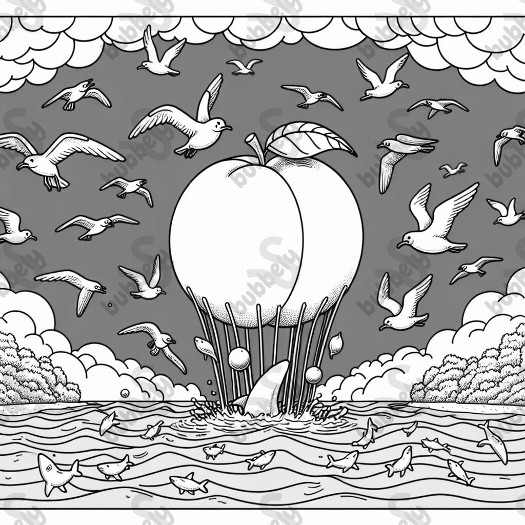a giant peach being pulled from above in the air by many seagulls, underneath is the ocean full of sharks. a giant peach being pulled from above in the air by many seagulls, underneath is the ocean full of sharks.