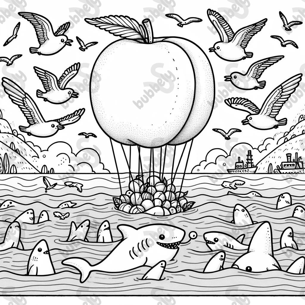 a giant peach being pulled through the air by many seagulls, underneath is the ocean full of sharks. a giant peach being pulled through the air by many seagulls, underneath is the ocean full of sharks.