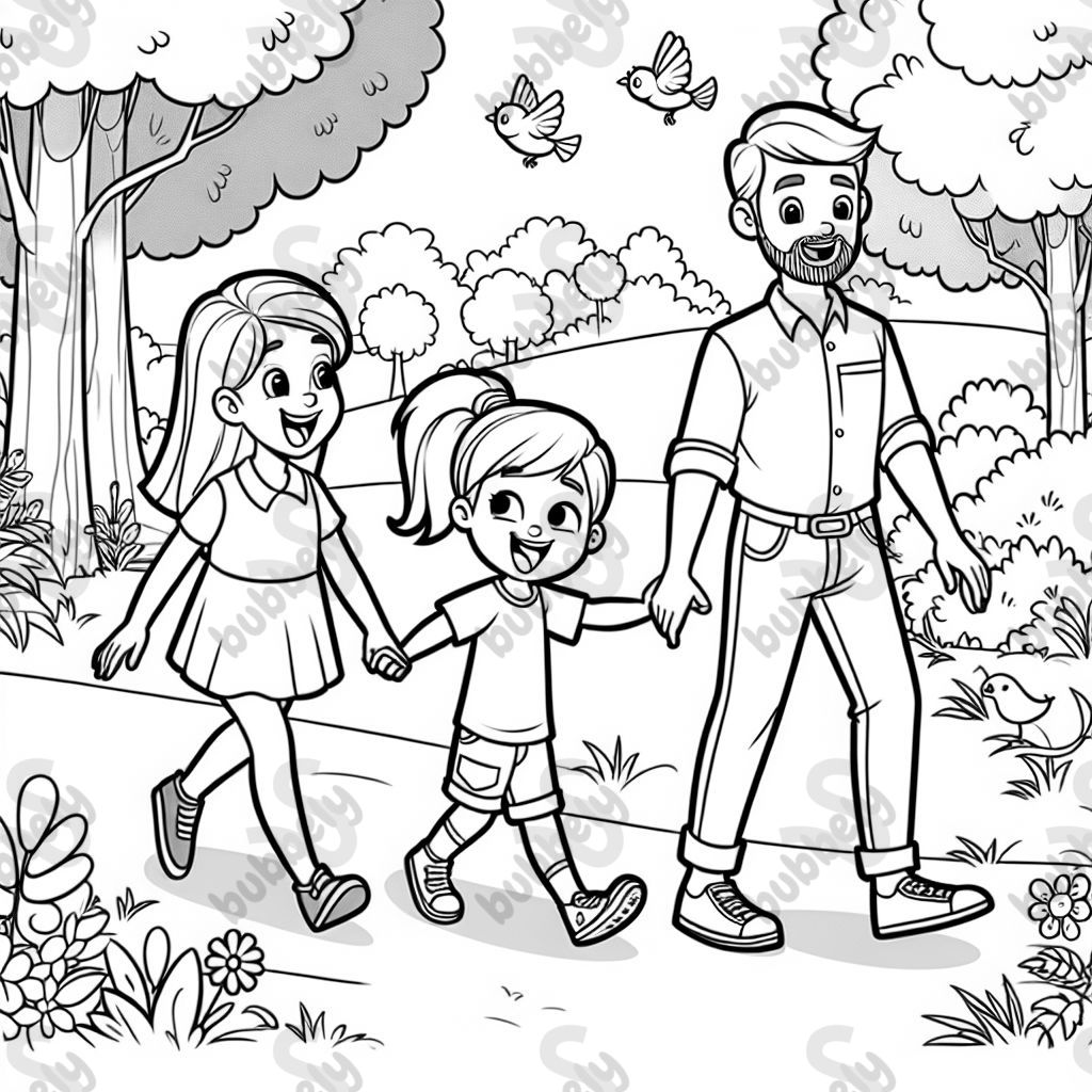 Ein blondes Mädchen mit Pony, ihre Mutter mit braunen Schulterlangen Haaren mit Pony und ihre Papa mit kurzen braunen Haaren und einem kurzen Bart gehen im Wald spazieren. Ein blondes Mädchen mit Pony, ihre Mutter mit braunen Schulterlangen Haaren mit Pony und ihre Papa mit kurzen braunen Haaren und einem kurzen Bart gehen im Wald spazieren.