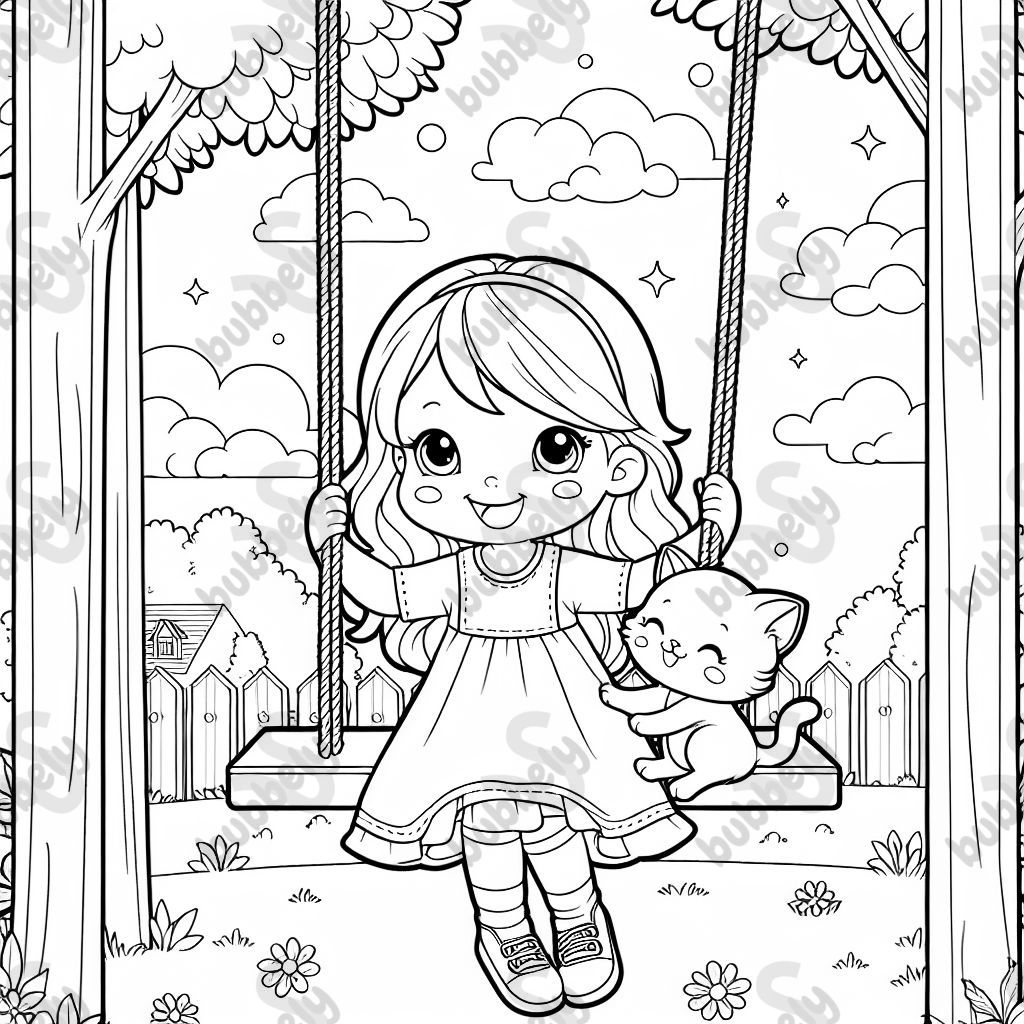 un chaton et une fille jouant ensemble sur une balançoire