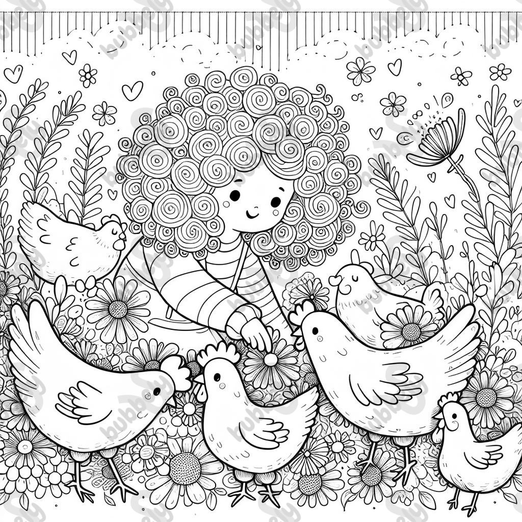 Niña de cabello rizado jugando con gallinas entre flores. Niña de cabello rizado jugando con gallinas entre flores.