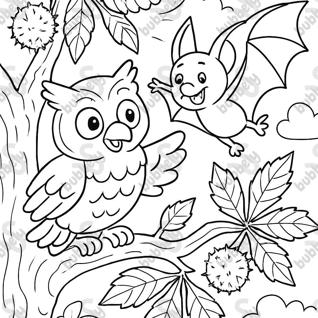 Owl and bat on old chestnut tree Owl and bat on old chestnut tree