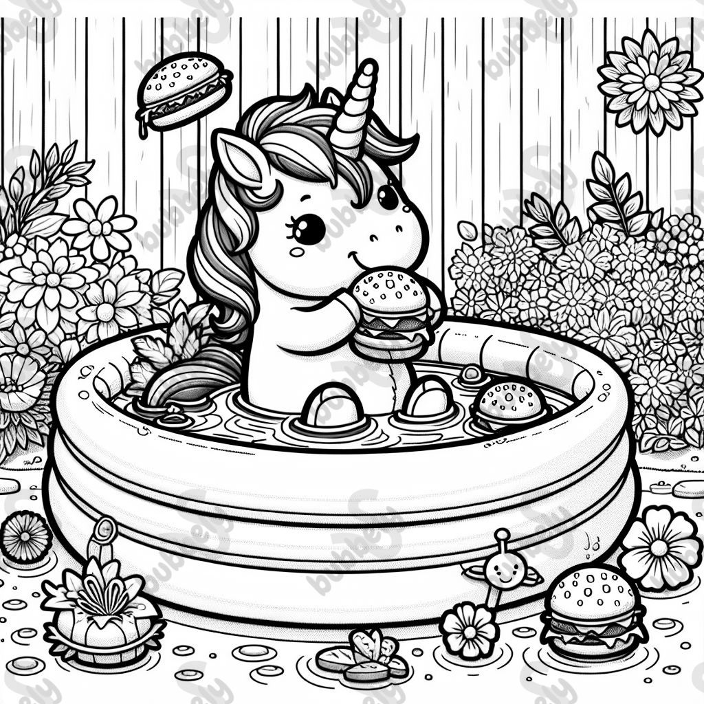 unicorn eating cheeseburgers in a kiddie pool with flowers on and around it