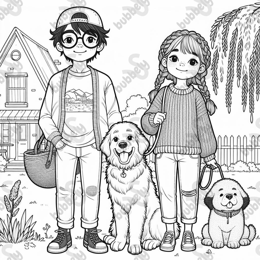 A man with brown fluffy hair, a ball cap on his head, and square glasses on his face. He is wearing an Ohio State t-shirt and jeans. A woman with red brown hair braided to the side, wearing a sweater, jeans, and sandals on her feet. A big fluffy golden retriever and a cane corso puppy. Standing outside under a weeping willow tree, in front of a small house. A man with brown fluffy hair, a ball cap on his head, and square glasses on his face. He is wearing an Ohio State t-shirt and jeans. A woman with red brown hair braided to the side, wearing a sweater, jeans, and sandals on her feet. A big fluffy golden retriever and a cane corso puppy. Standing outside under a weeping willow tree, in front of a small house.