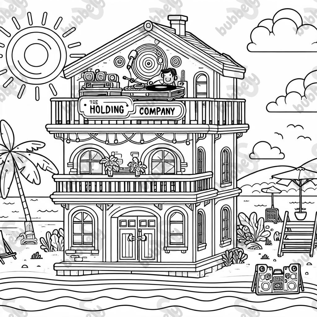 un bâtiment de 3 étages appelé "The Holding Company" sur la plage avec un DJ au sommet du bâtiment