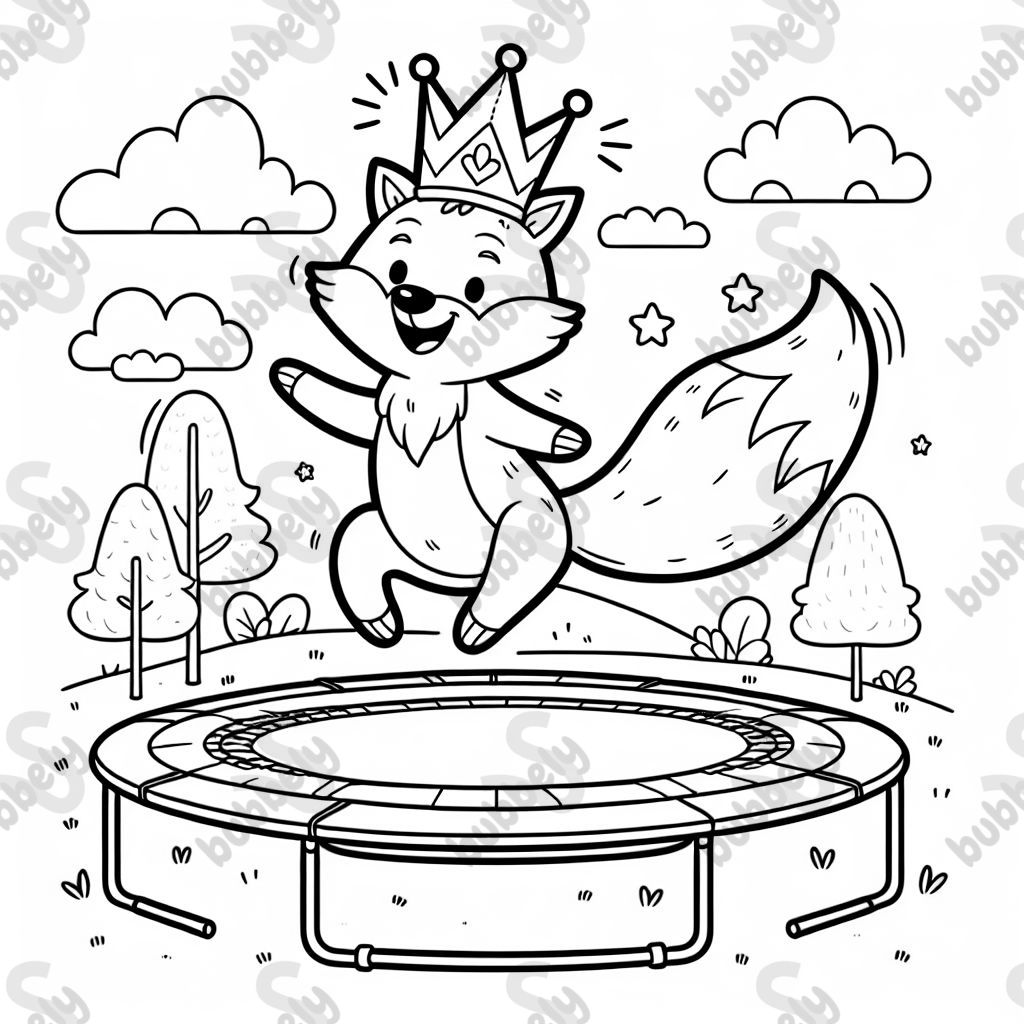 Fuchs mit Geburtstagskrone auf dem Trampolin