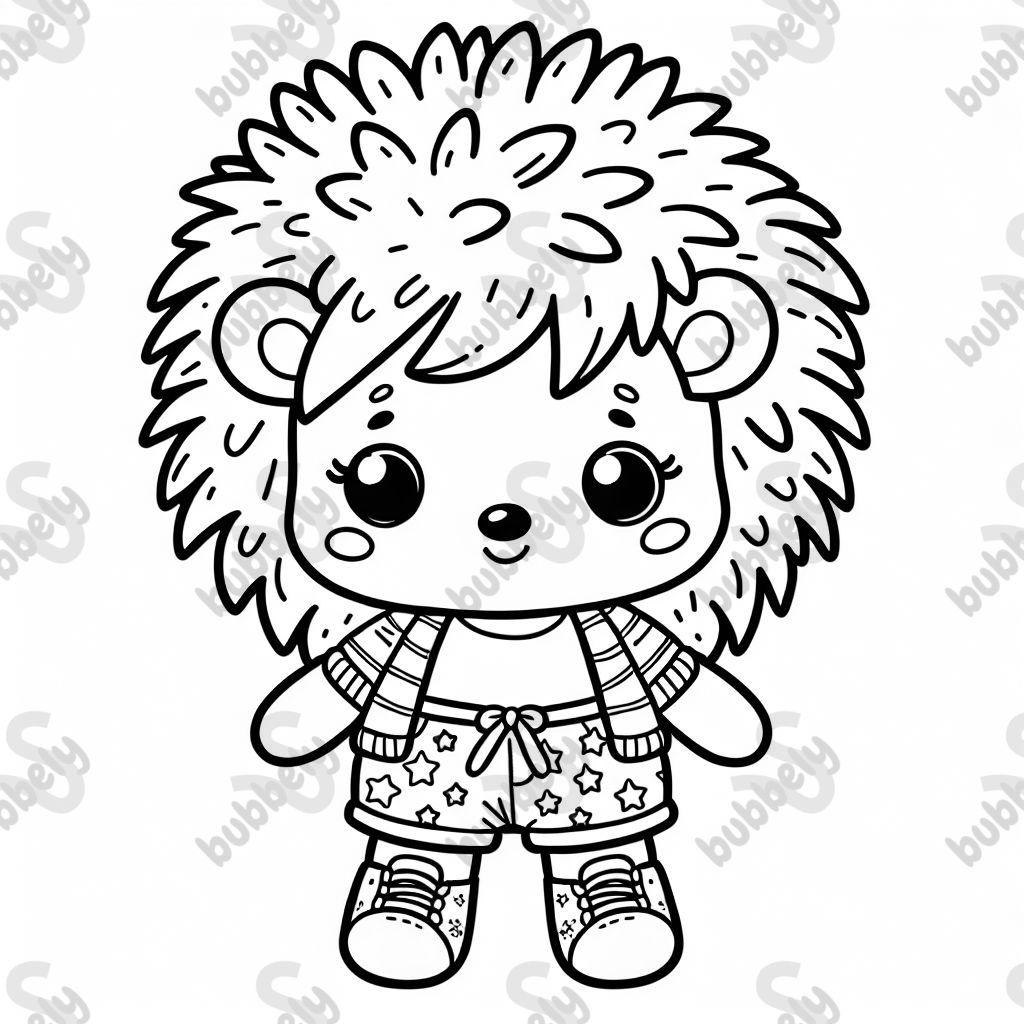 A hedgehog stuffed animal, with hair covering his ears, wearing shorts with stars on the shorts. A hedgehog stuffed animal, with hair covering his ears, wearing shorts with stars on the shorts.
