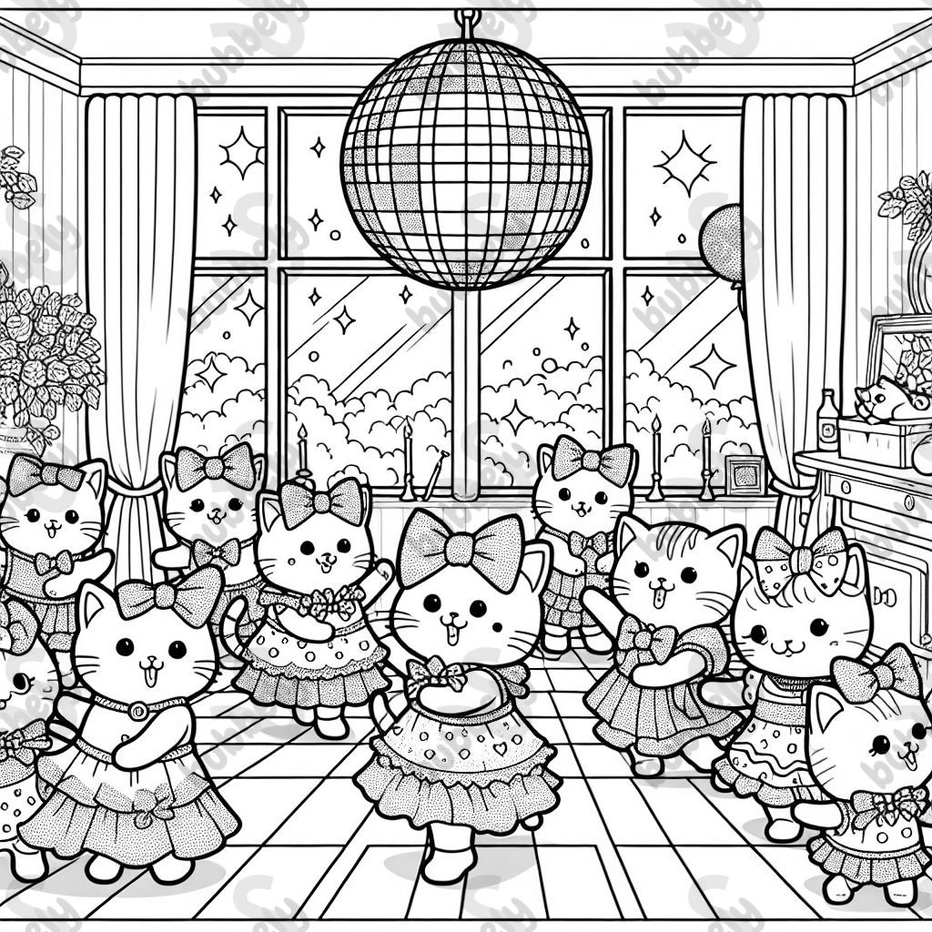 Many kittens wearing bows and party dresses dancing on a dance floor. There is a big disco ball hanging from the ceiling.