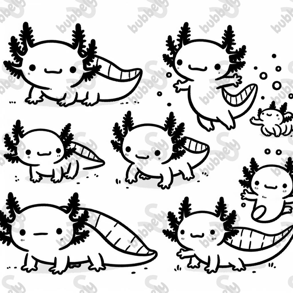 5 axolotls différents. Chacun est dans une pose différente. Aucun ne touche l'autre. Il n'y a pas de plantes. Il n'y a pas d'eau. Il n'y a pas de décor de fond. Certains axolotls font signe. Certains sont debout. Image en noir et blanc uniquement. 5 axolotls différents. Chacun est dans une pose différente. Aucun ne touche l'autre. Il n'y a pas de plantes. Il n'y a pas d'eau. Il n'y a pas de décor de fond. Certains axolotls font signe. Certains sont debout. Image en noir et blanc uniquement.
