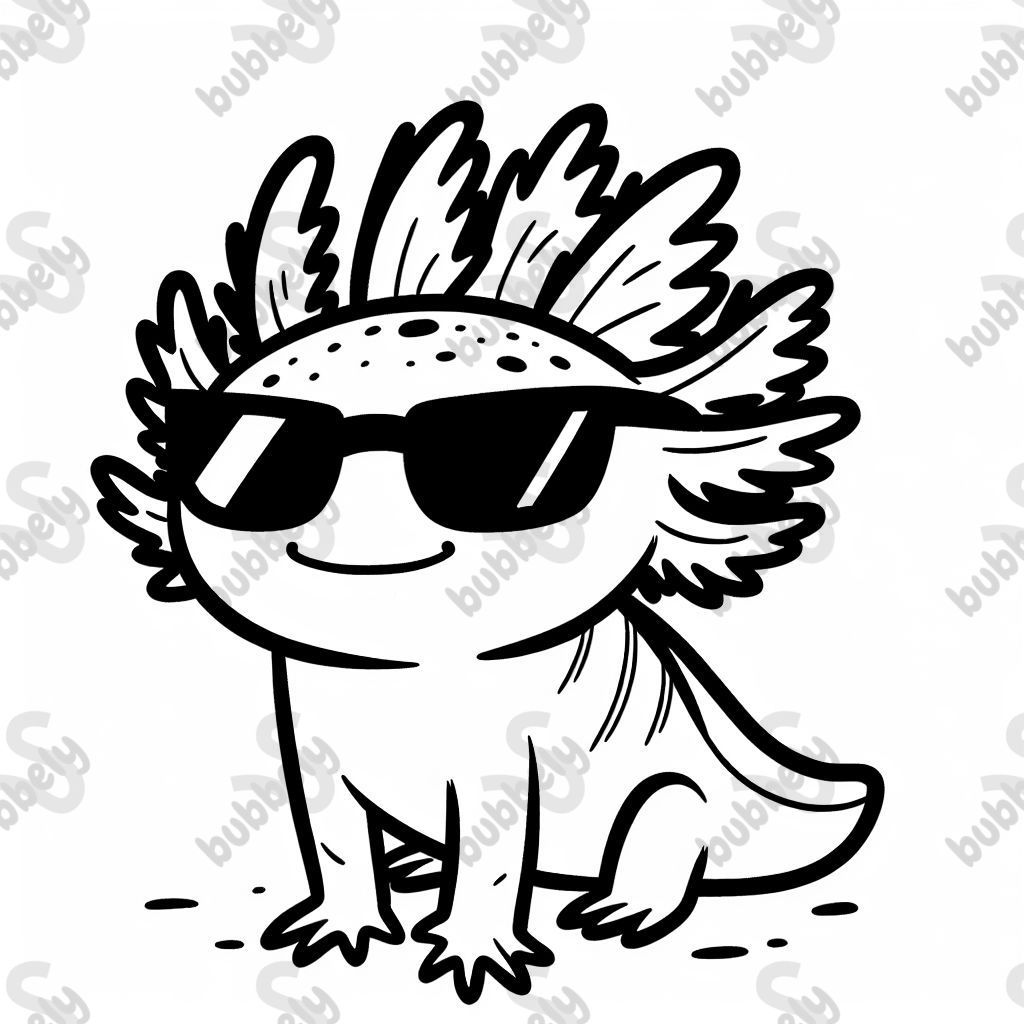 Axolotl wearing sunglasses. Black and white. No background. Axolotl wearing sunglasses. Black and white. No background.