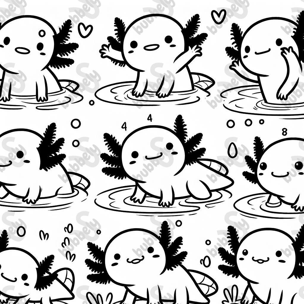 Imagen en blanco y negro de 10 ajolotes en diferentes poses. No hay fondo ni paisaje. Ningún ajolote está tocando a otro. Están en diferentes poses. Algunos están saludando. Algunos están de pie. Imagen en blanco y negro de 10 ajolotes en diferentes poses. No hay fondo ni paisaje. Ningún ajolote está tocando a otro. Están en diferentes poses. Algunos están saludando. Algunos están de pie.