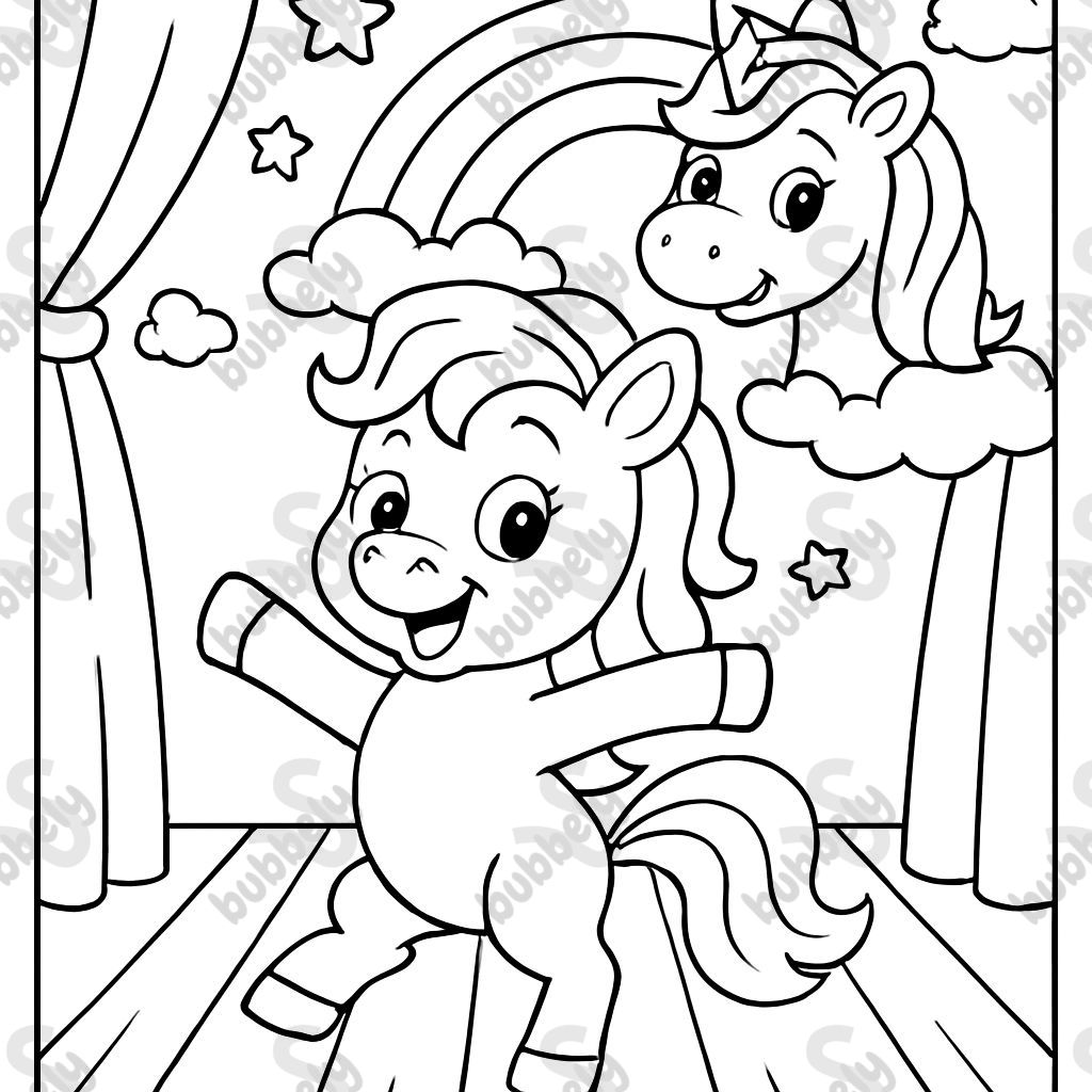 Ein Einhorn und ein Regenbogen mit einem tanzenden Pony auf der Bühne Ein Einhorn und ein Regenbogen mit einem tanzenden Pony auf der Bühne