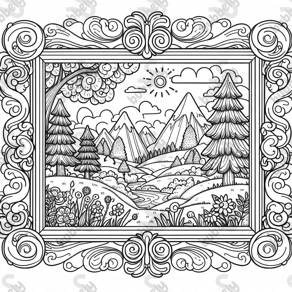 Una pintura de paisaje en un marco elegante Una pintura de paisaje en un marco elegante