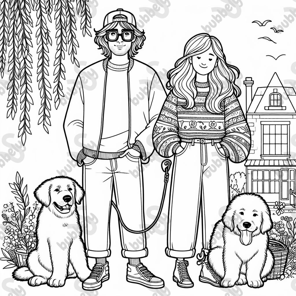 Un homme avec des cheveux bruns duveteux, il porte une casquette sur la tête et des lunettes carrées sur le visage, il porte un t-shirt à manches longues de l'État de l'Ohio et un jean. Une femme avec de longs cheveux roux-bruns tressés sur le côté, elle porte des lunettes de soleil sur le haut de sa tête, un joli pull et un jean avec des sandales aux pieds. Il y a un grand golden retriever duveteux assis à côté de la femme et un chiot cane corso assis à côté de l'homme. Ils sont tous dehors sous un saule pleureur, devant une petite maison mignonne. Un homme avec des cheveux bruns duveteux, il porte une casquette sur la tête et des lunettes carrées sur le visage, il porte un t-shirt à manches longues de l'État de l'Ohio et un jean. Une femme avec de longs cheveux roux-bruns tressés sur le côté, elle porte des lunettes de soleil sur le haut de sa tête, un joli pull et un jean avec des sandales aux pieds. Il y a un grand golden retriever duveteux assis à côté de la femme et un chiot cane corso assis à côté de l'homme. Ils sont tous dehors sous un saule pleureur, devant une petite maison mignonne.