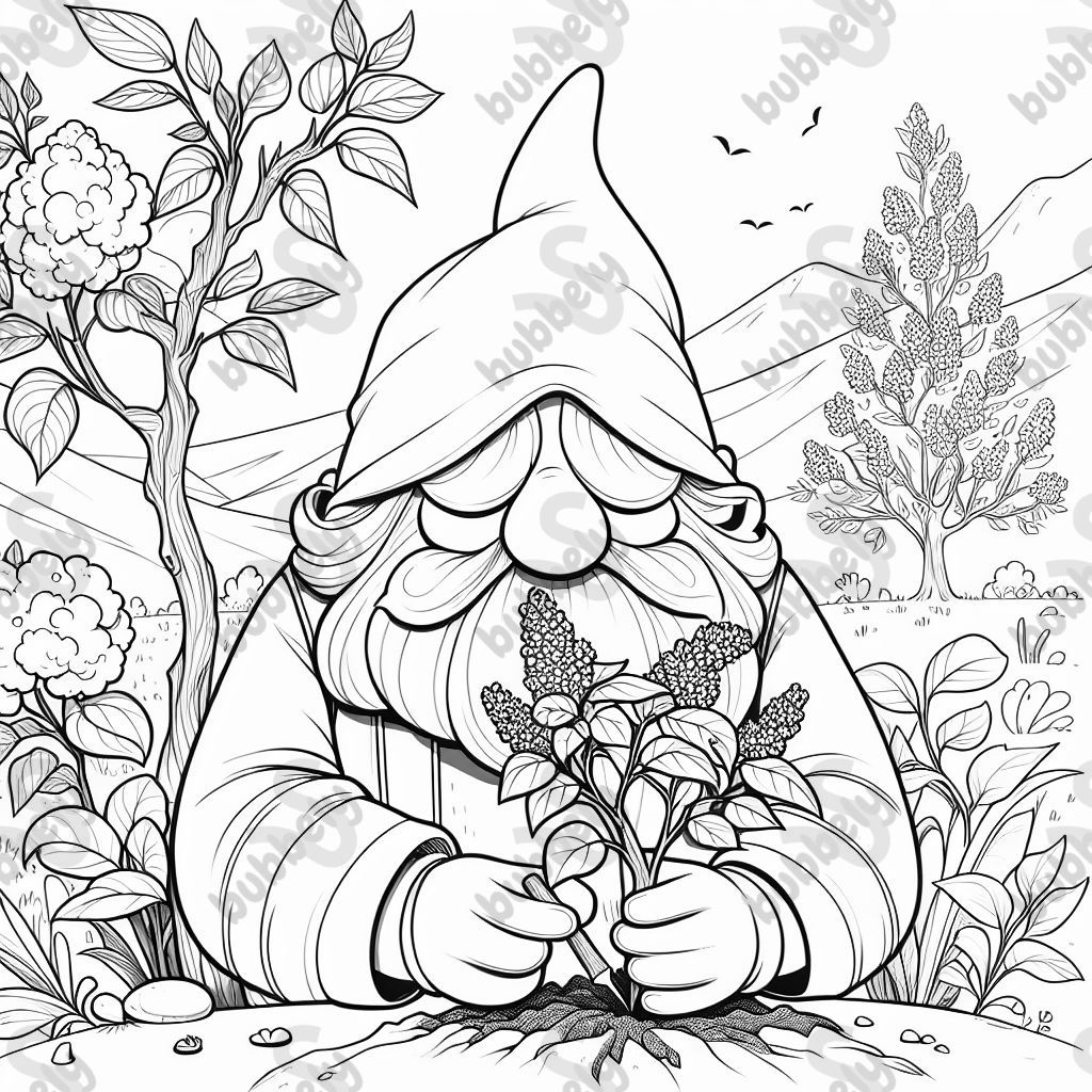 A gnome with a hidden face planting a lilac tree. A gnome with a hidden face planting a lilac tree.