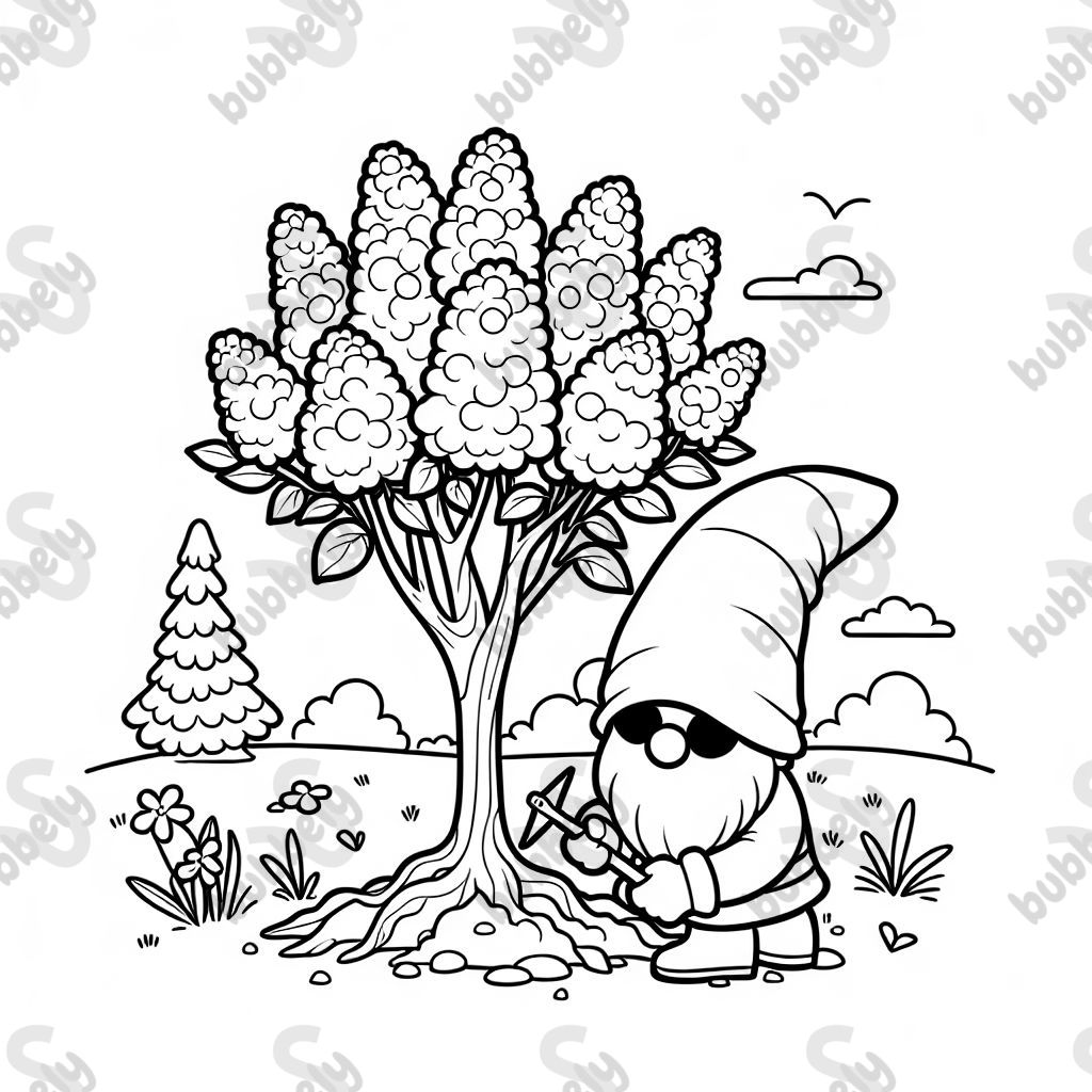 Un gnome avec un visage caché plantant un arbre de lilas. Un gnome avec un visage caché plantant un arbre de lilas.