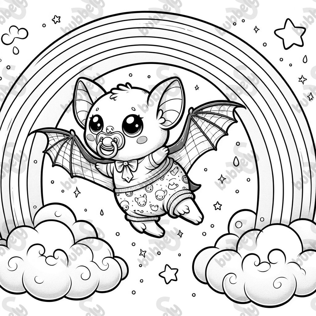 Bat with clothes and a pacifier flying over a rainbow