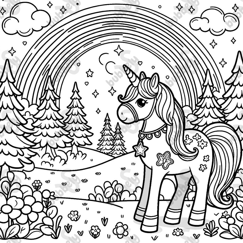 Horse looking at a rainbow on a meadow close to the forest. Horse has a necklace and accessories with stars on Horse looking at a rainbow on a meadow close to the forest. Horse has a necklace and accessories with stars on