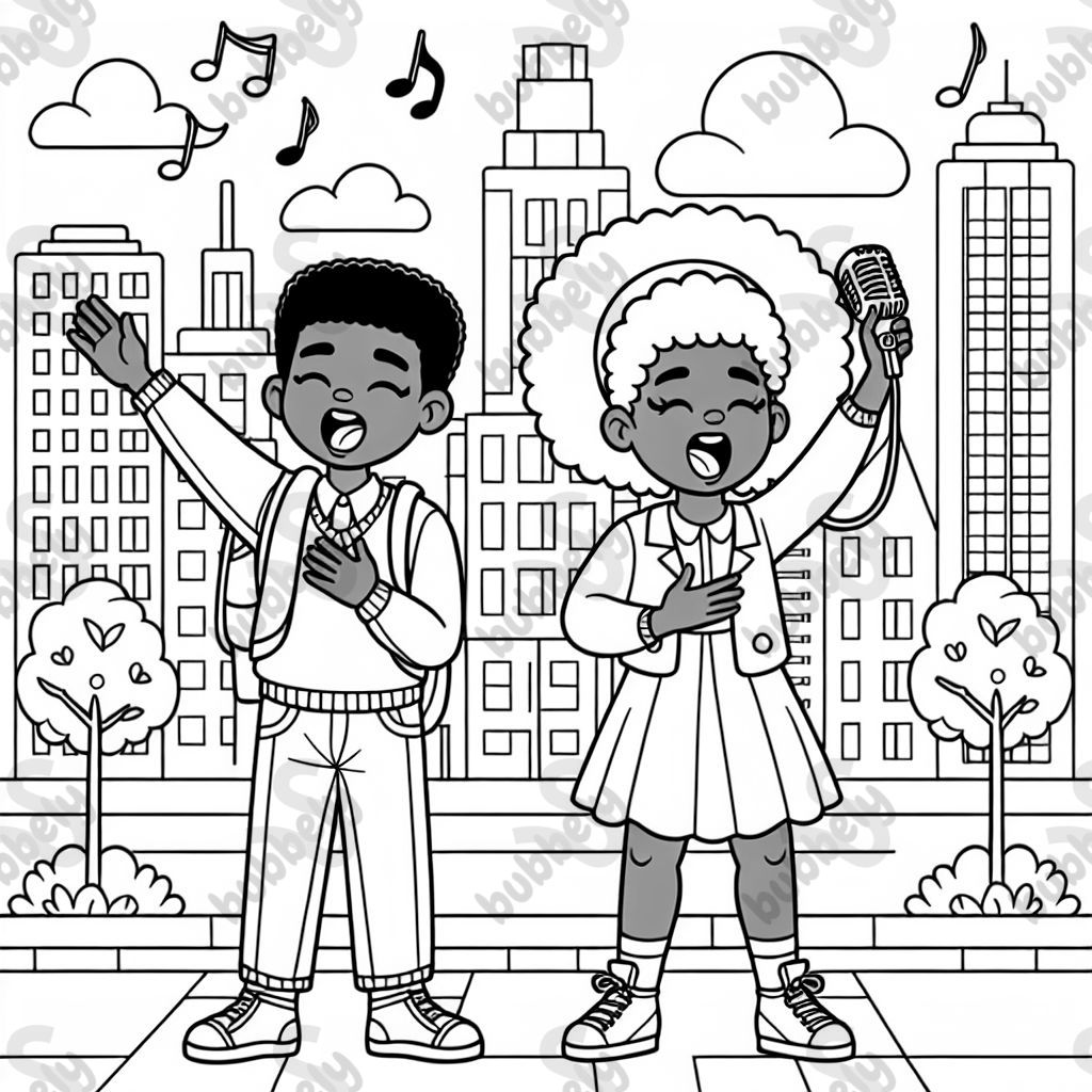 Afrikanische amerikanische Kinder singen die Neger-Nationalhymne. Der Hintergrund zeigt eine Stadt und die Kinder tragen moderne Frisuren und Kleidung. Afrikanische amerikanische Kinder singen die Neger-Nationalhymne. Der Hintergrund zeigt eine Stadt und die Kinder tragen moderne Frisuren und Kleidung.
