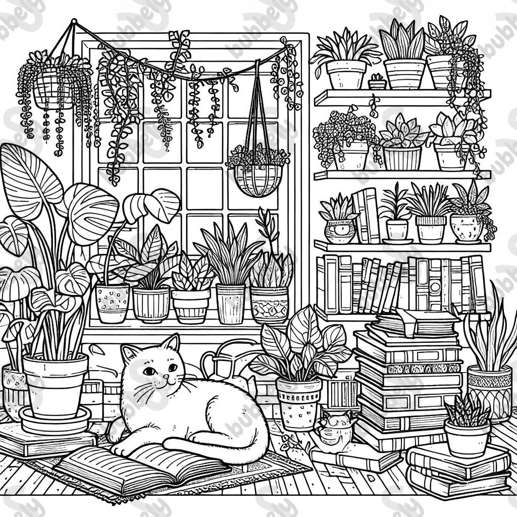 Invernadero con plantas, libros y un gato Invernadero con plantas, libros y un gato