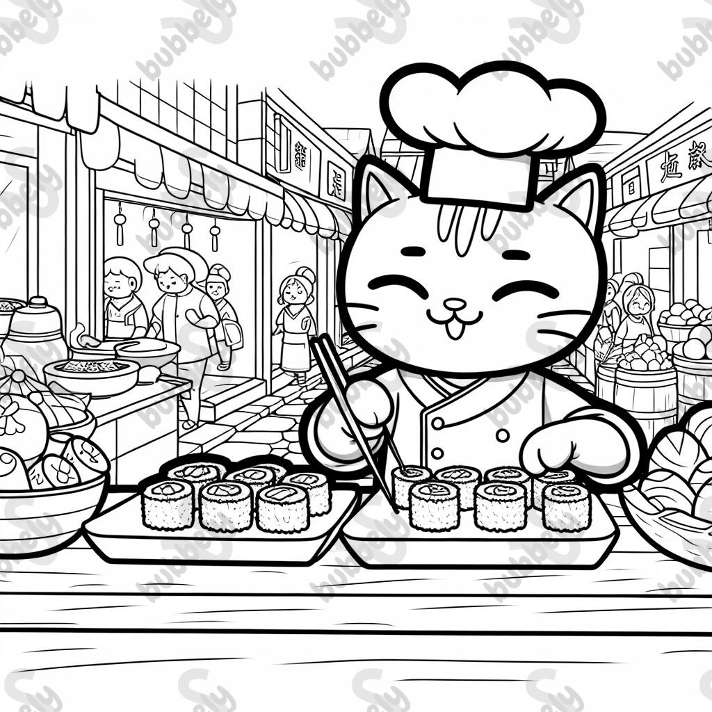 Chinese sushi street market with cat as chef Chinese sushi street market with cat as chef
