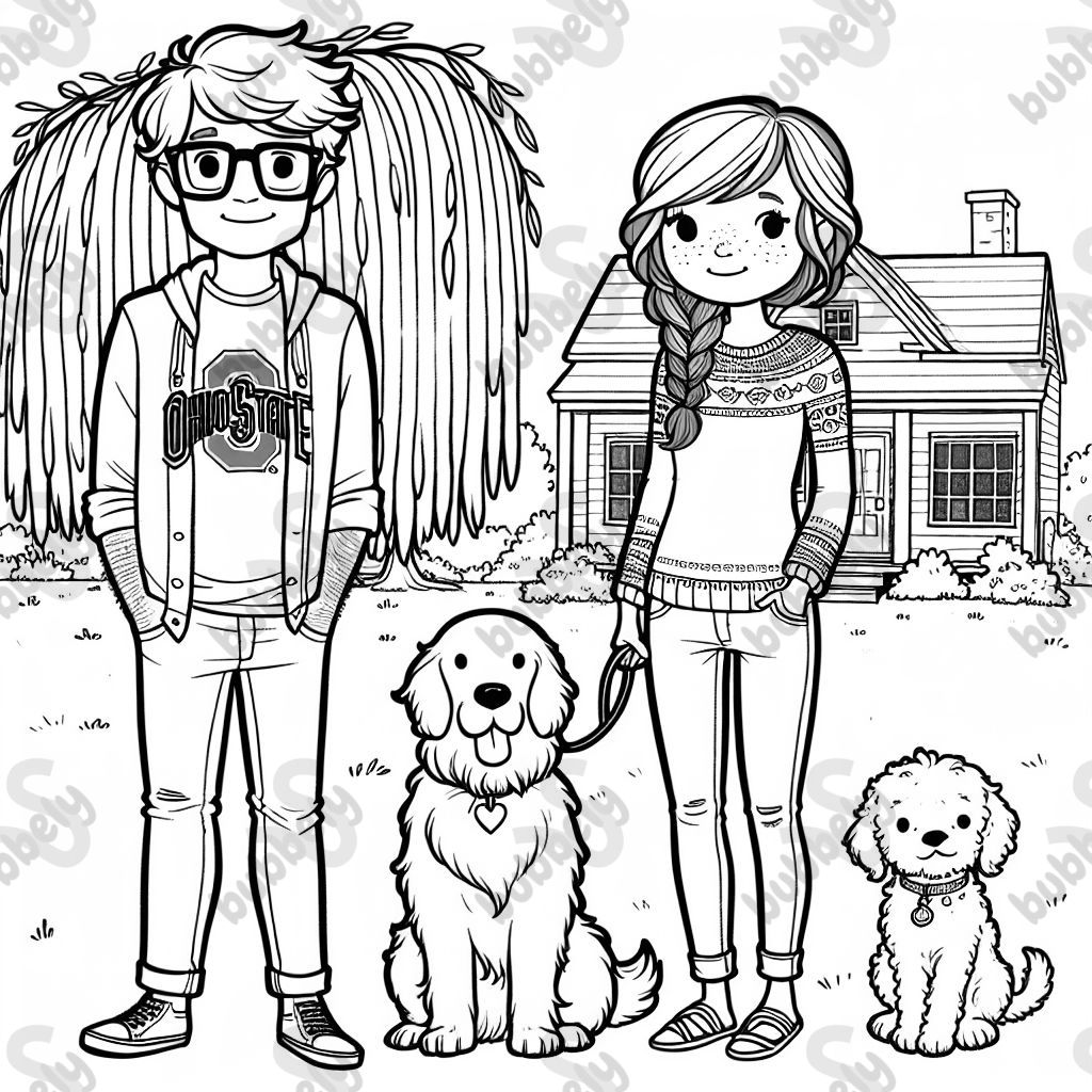 A man with fluffy brown hair, square glasses on his face and a ball cap on his head. He's wearing an Ohio State t-shirt and jeans. A woman with red brown hair that is in one braid, freckles on her face, and she's wearing a cute sweater and jeans with sandals on her feet. A big fluffy golden retriever and a puppy cane Corso. All standing outside under a weeping willow tree, in front of a small cute house. A man with fluffy brown hair, square glasses on his face and a ball cap on his head. He's wearing an Ohio State t-shirt and jeans. A woman with red brown hair that is in one braid, freckles on her face, and she's wearing a cute sweater and jeans with sandals on her feet. A big fluffy golden retriever and a puppy cane Corso. All standing outside under a weeping willow tree, in front of a small cute house.