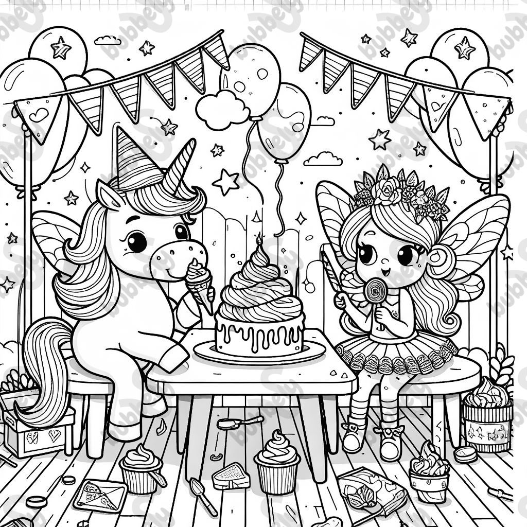 Un unicorn et une fée mangeant de la glace à une fête d'anniversaire Un unicorn et une fée mangeant de la glace à une fête d'anniversaire