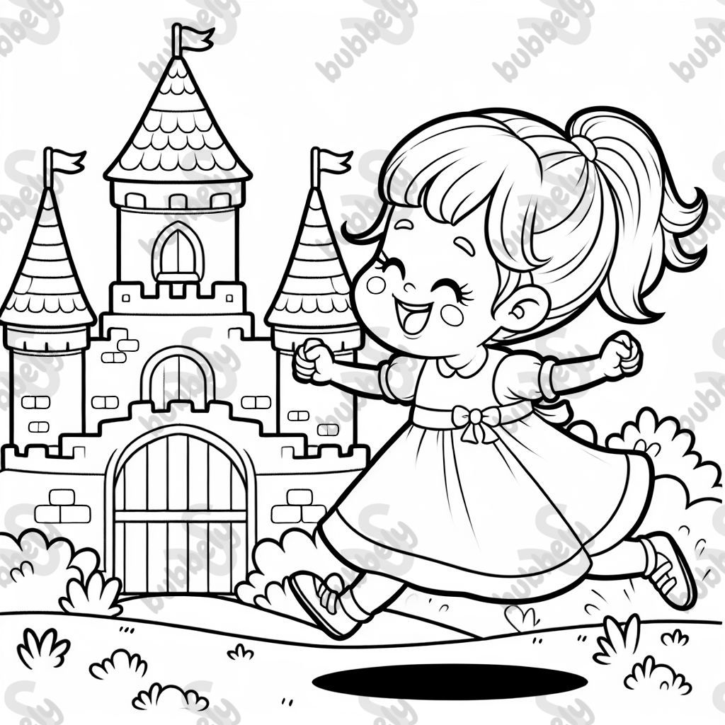 Una niña con una coleta que salta junto a un castillo mientras lleva un vestido. Una niña con una coleta que salta junto a un castillo mientras lleva un vestido.