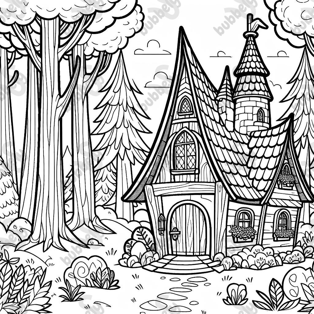 Magical witch cottage tall trees