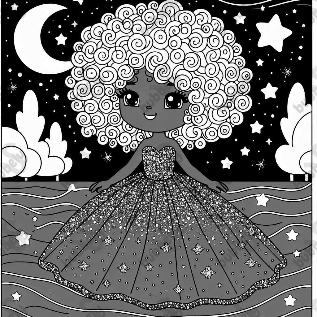 Black girl with very curly hair in a sparkly dress with night sky