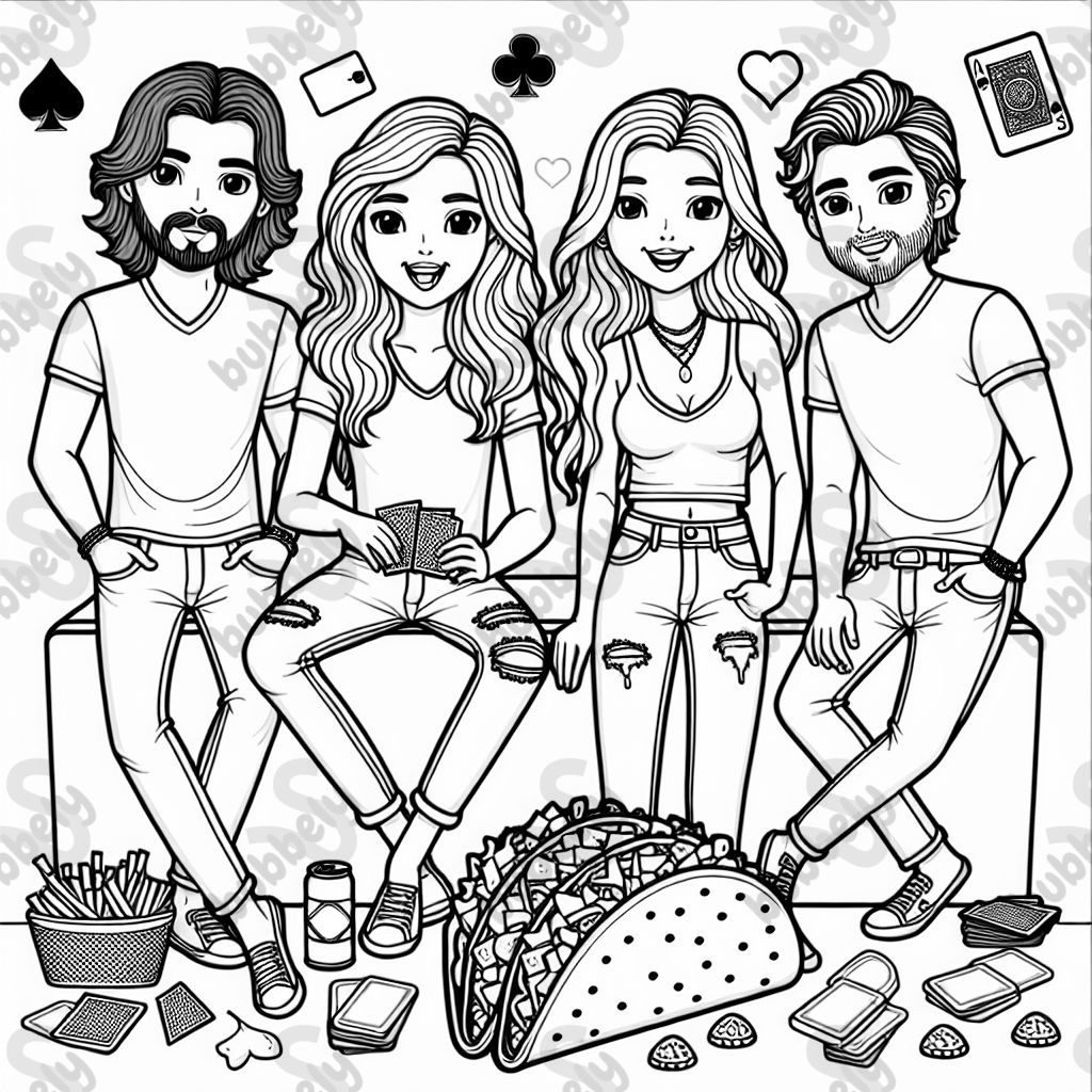 4 amis, 2 avec des cheveux longs et 2 avec des cheveux courts, en pantalon et T-shirt entourés de tacos et de cartes à jouer