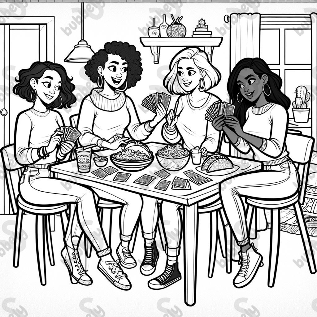 4 female friends, two with short hair and 2 with long hair, in jeans and sweaters surrounded by tacos, cards, and game cards 4 female friends, two with short hair and 2 with long hair, in jeans and sweaters surrounded by tacos, cards, and game cards