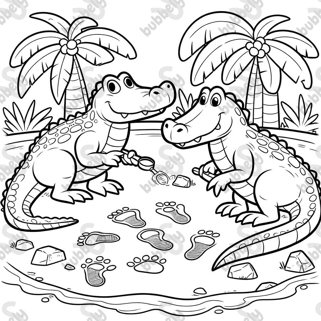 Two alligators investigating a mystery of dinosaur footprints in a playground