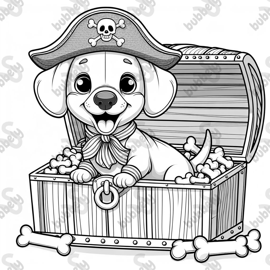 An adorable tan and brown short haired dachshund dressed as a pirate sitting inside a treasure chest full of dog bones